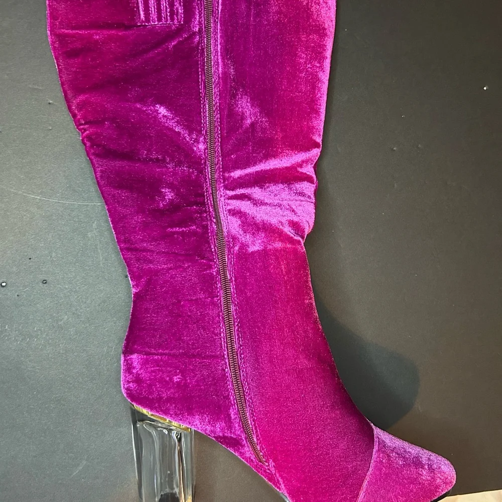 New Wide Calf Size 8W Pink Magenta Velvet With Clear Chunky Heel Boots - Picture 14 of 16